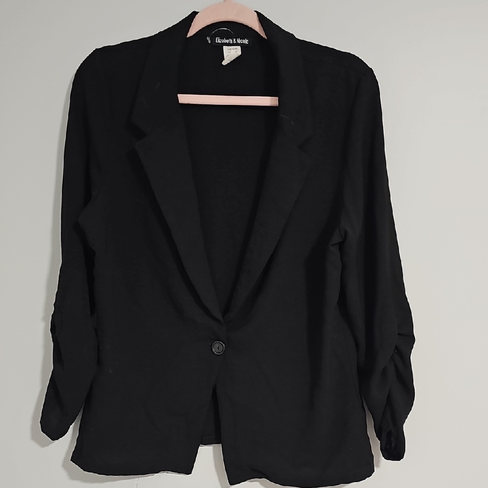 Elizabeth & Nicole Black Shirt Blazer One Button Ruched Sleeves Size XL